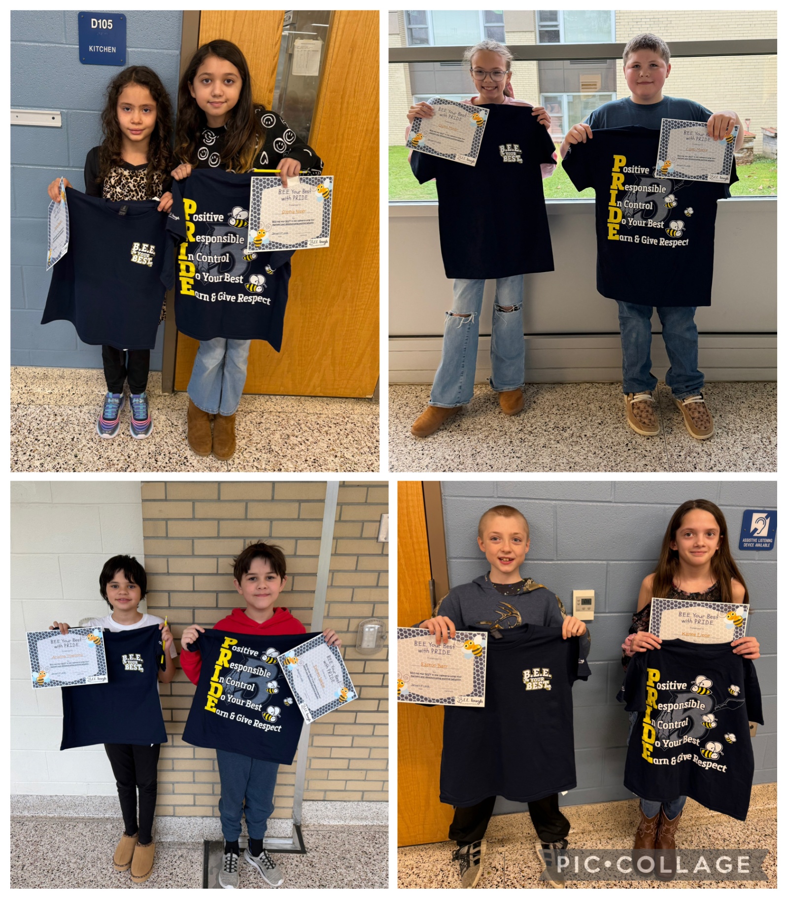 Collage of photos featuring students that have earned t-shirts and certificates for positive behavior and manners.
